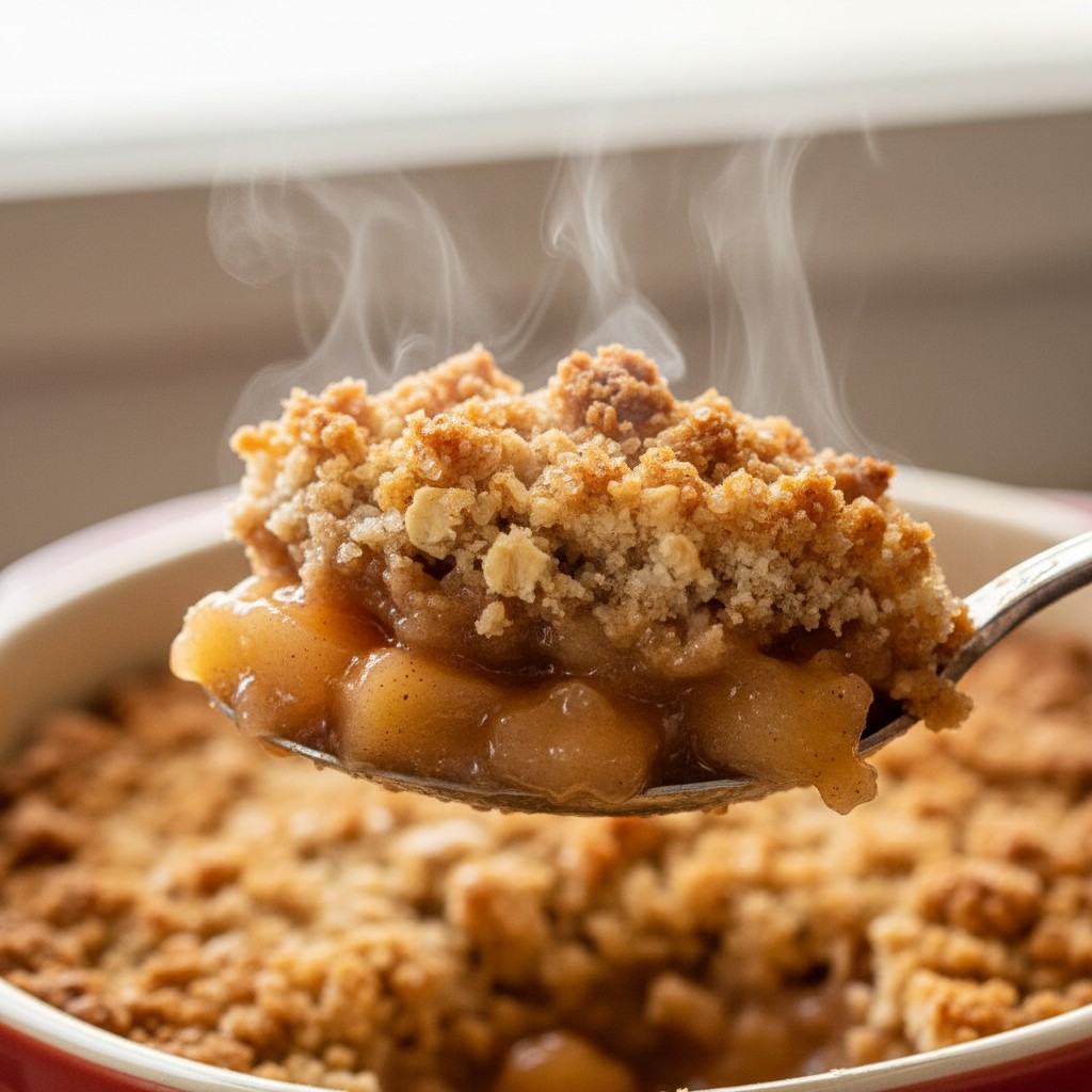 A Proper British Apple Crumble close-up