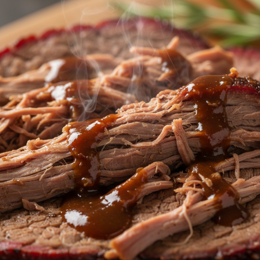 Slow-Cooked Beef Brisket with a Rich Onion Gravy close-up