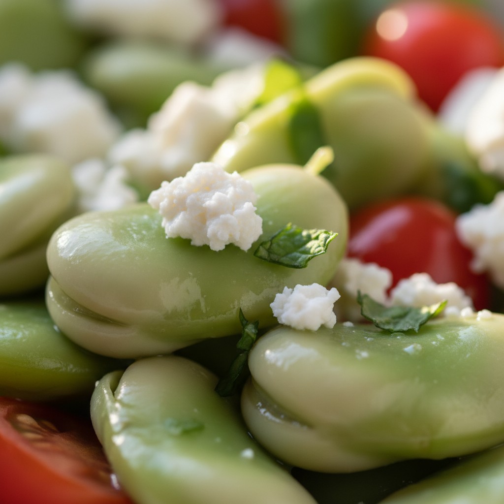 A Proper Broad Bean Salad with Mint and Feta close-up