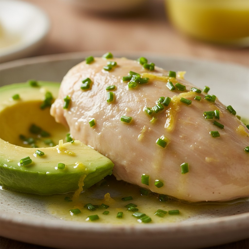 A Simple Classic: Chicken and Avocado with a Lemon and Chive Dressing close-up