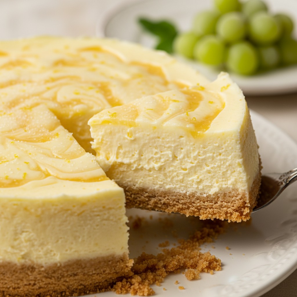 My Classic Baked Lemon Cheesecake with Frosted Grapes close-up