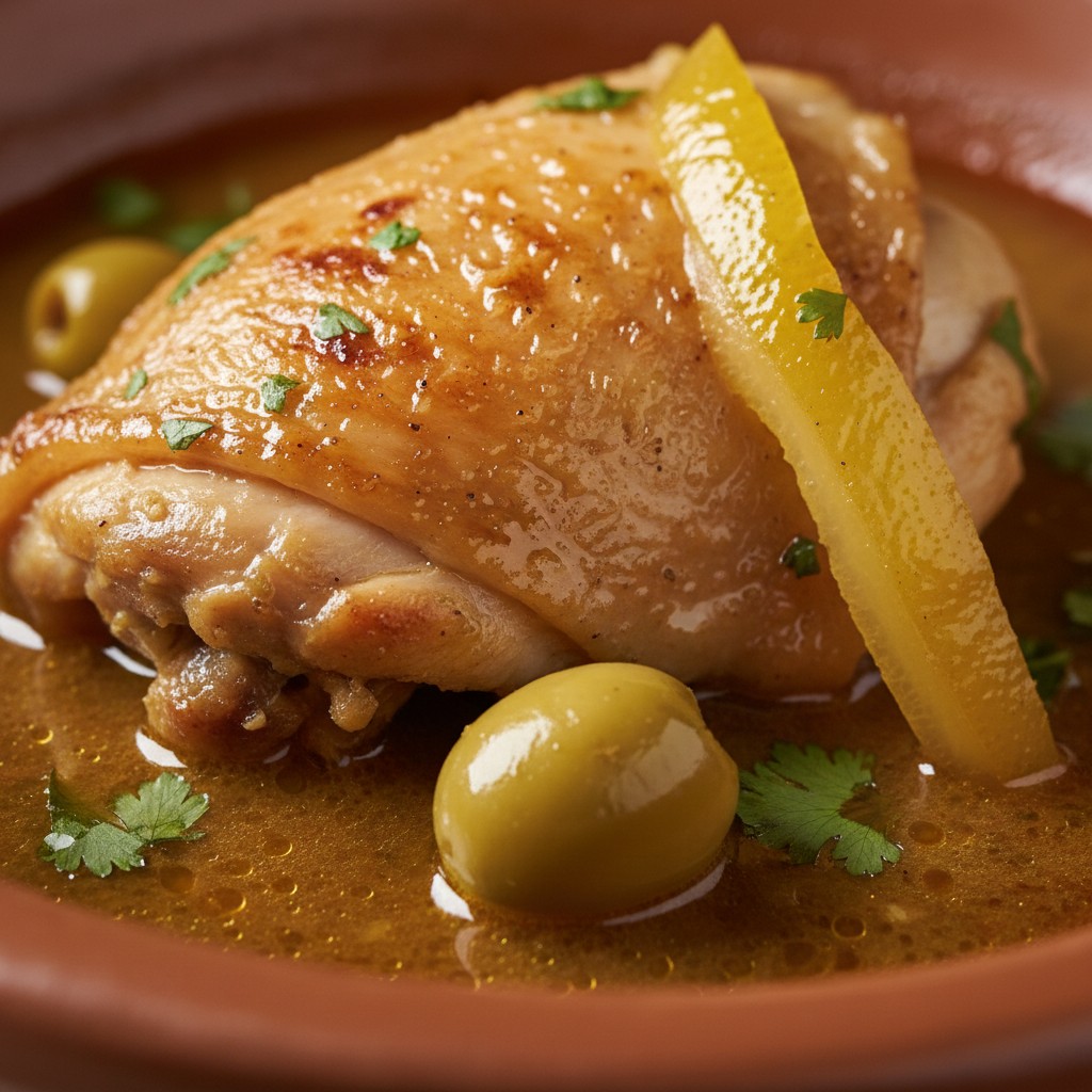 A Classic Moroccan Chicken with Preserved Lemons and Olives close-up