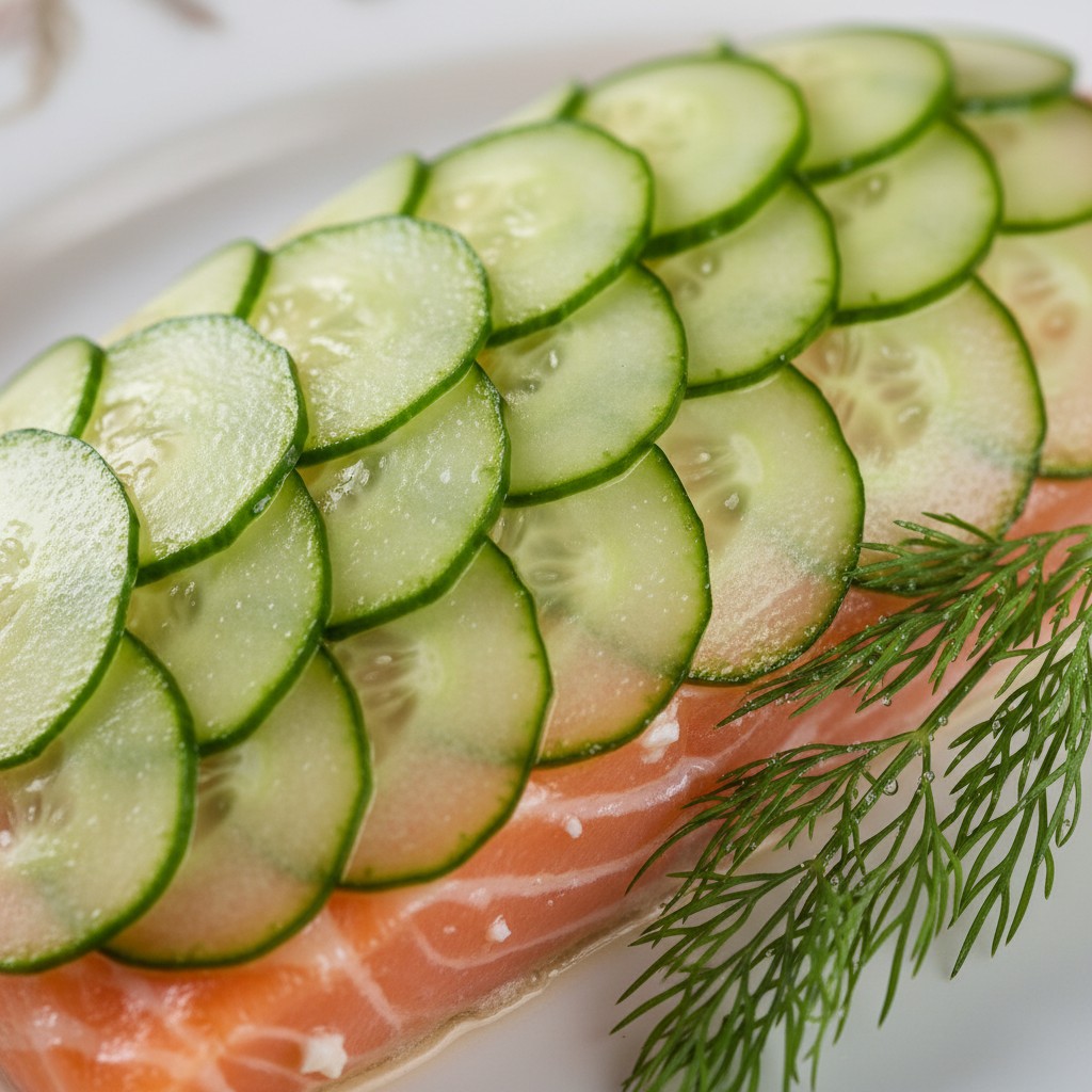 My Classic Whole Poached Salmon with Cucumber 'Scales' close-up