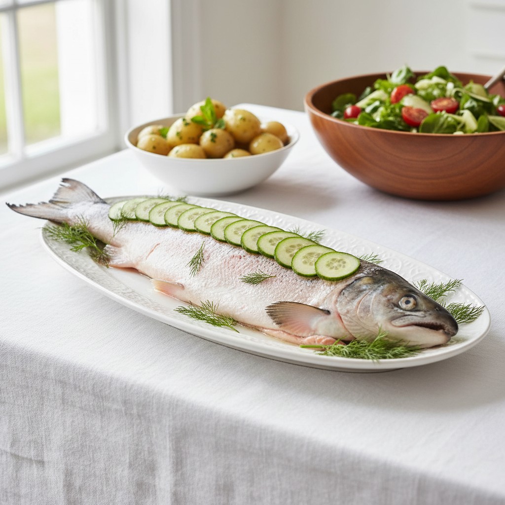 My Classic Whole Poached Salmon with Cucumber 'Scales'